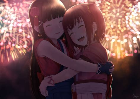 2girls Black Hair Fireworks Gloves Hug Kurosawa Dia