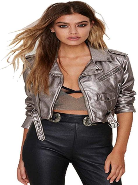 womens shiny metallic silver leather moto biker jacket