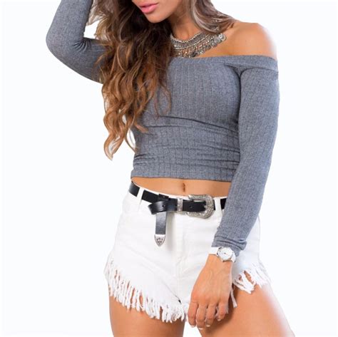 2 colors gray black off shoulder long sleeve ribbed tight cropped knit