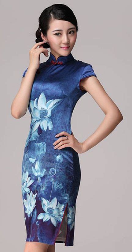blue lotus flowers heavy silk cheongsam chinese qipao dress cheongsam chinese clothing