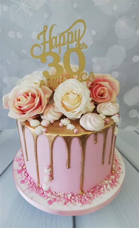 Ladies Gold Drip Cake With Silk Roses 30th Birthday Cake For Women