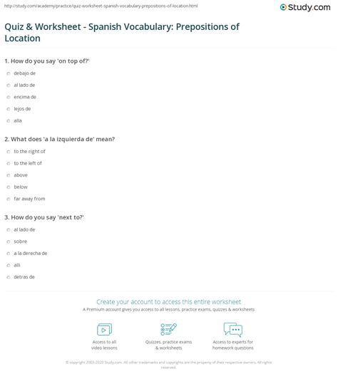 quiz worksheet spanish vocabulary prepositions  location studycom
