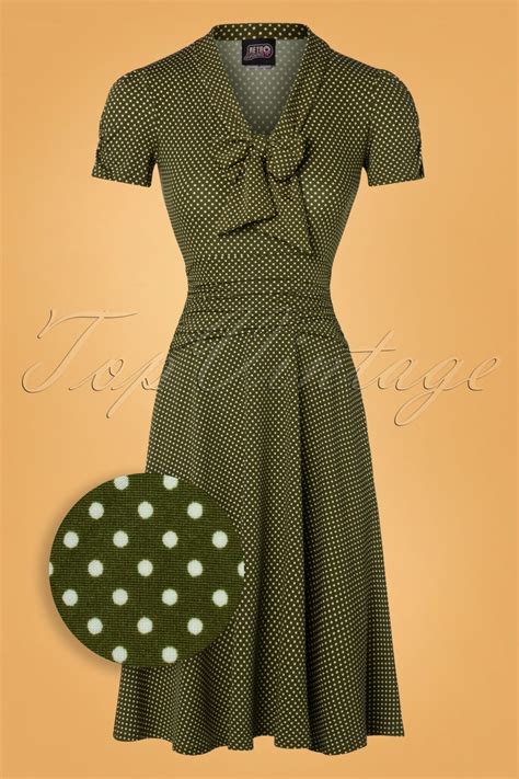 Retrolicious 50s Debra Pin Dot Swing Dress In Olive Green