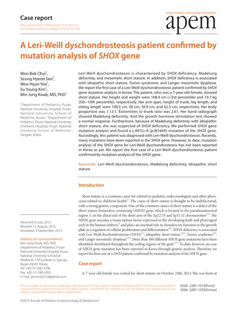 Pdf A Leri Weill Dyschondrosteosis Patient Confirmed By Mutation