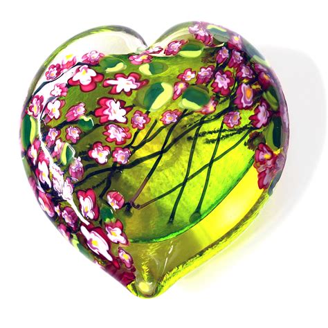 Cherry Blossom Heart Paperweight On Lime By Shawn Messenger Art Glass