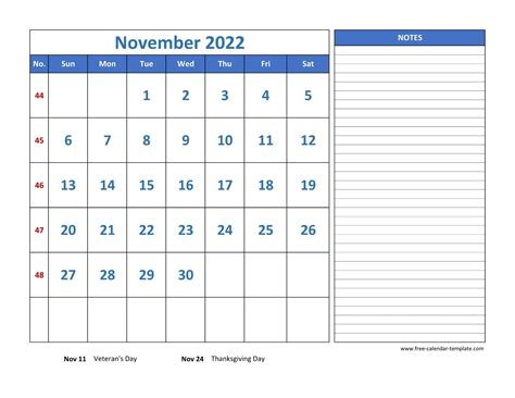 november calendar  grid lines  holidays  notes horizontal