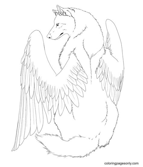 winged wolf  sitting coloring page  printable coloring pages