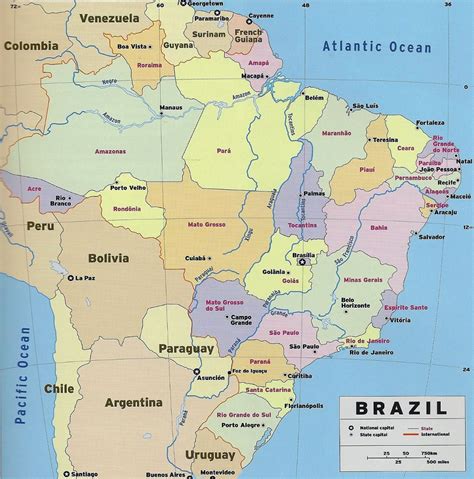 large detailed political  administrative map  brazil  national capital  state