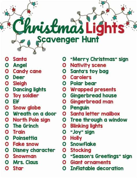 christmas light scavenger hunt   printable list