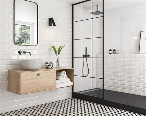 white brick and explosion of geometric patterns in a bathroom