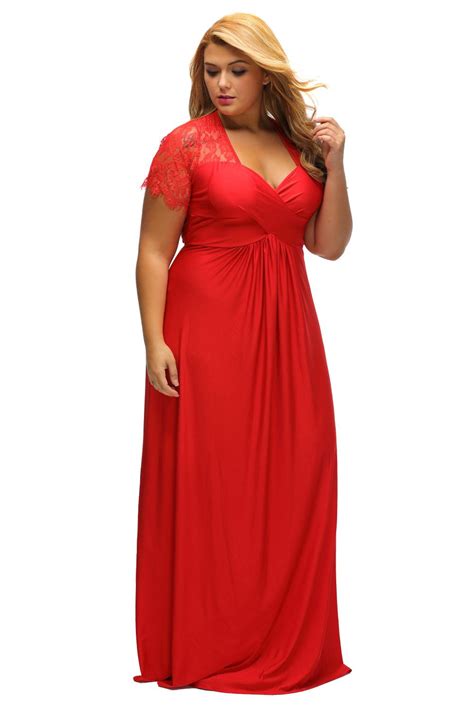 Red Gown Twist Yoke Ruched High Waist Lace Plus Size In