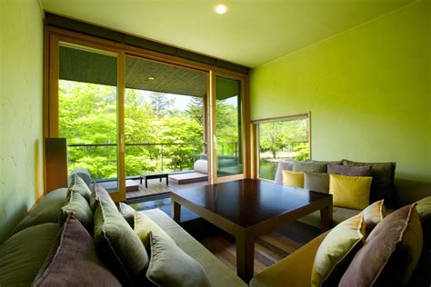 fresh japanese living room  green panoramic view  house