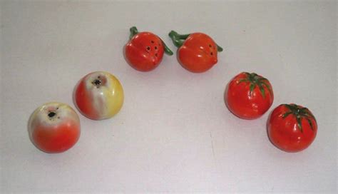 set of 3 vintage miniature fruit vegetable ceramic salt and pepper