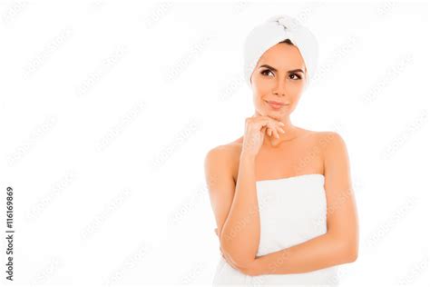 Attractive Minded Woman In Towel After Shower On White Backgroun Stock