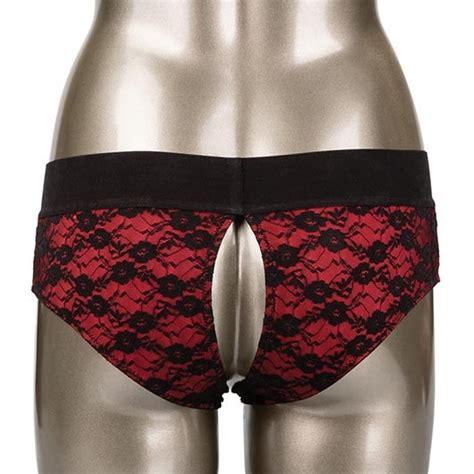 scandal crotchless red and black pegging panty set l xl sex toys at