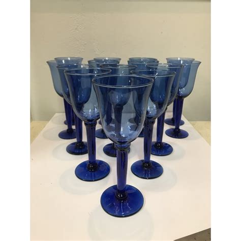 Vintage Cobalt Blue Hand Blown Glass Wine Water Goblets Set Of 14