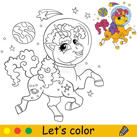 cartoon space unicorn  stars coloring book page vector stock vector
