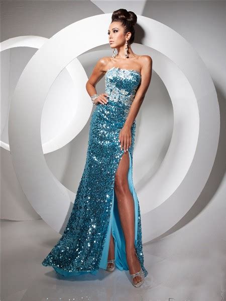 royal sheath strapless long blue sequin prom dress with slit beading