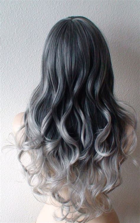 silver ombre wig gray hair long curly hair long side by