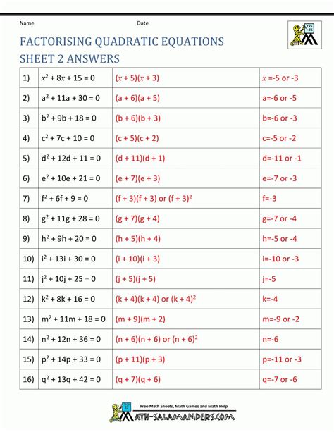 quadratic equation worksheet  answers  quadratic equation