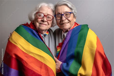 Portrait Of An Elderly Lesbian Couple Wearing Glasses Embracing Each