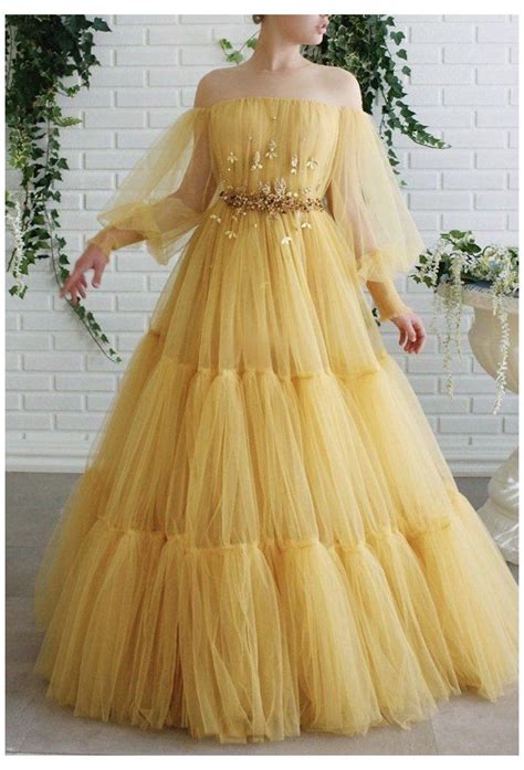 yellow tulle long prom dress evening dress yellow prom dress long sleeve yellow tulle long