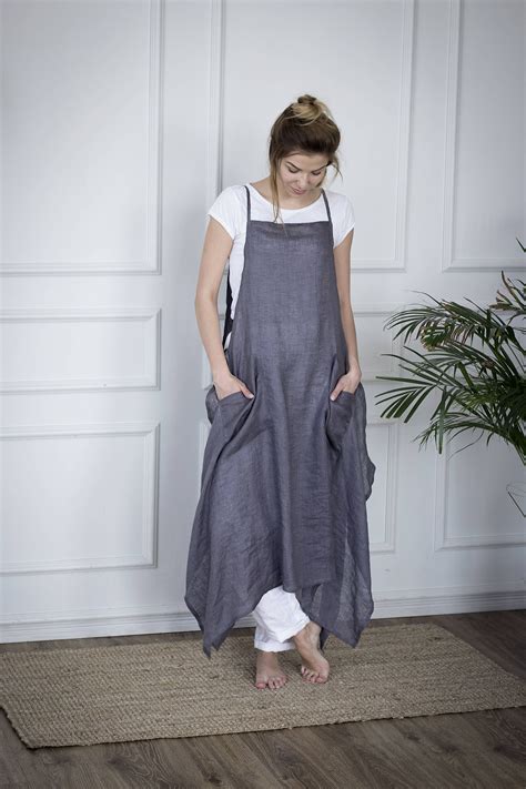 grey linen apron dress linen dress  women linen apron etsy linen