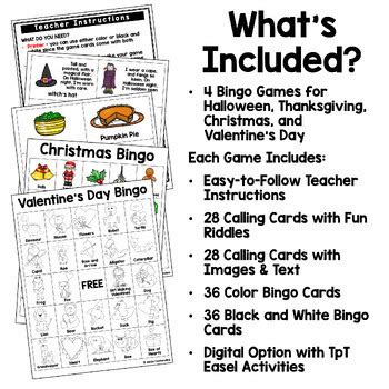 holiday bingo bundle  color  black  white bingo cards tpt