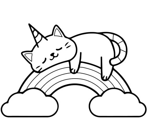 Gato Unicornio Durmiendo En Arcoiris Para Colorear Imprimir E Dibujar