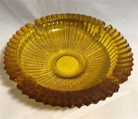 Vintage Heavy 9 Large Round Amber Glass Ashtray Amber Glass