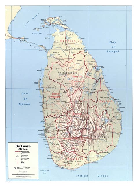 large detailed political  administrative map  sri lanka  roads railroads cities