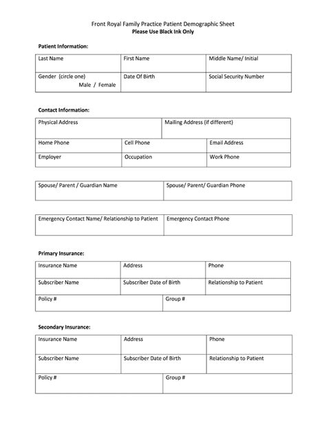 fillable  front royal family practice patient demographic sheet