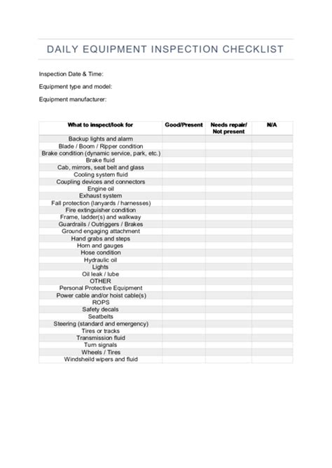 daily equipment inspection checklist template printable