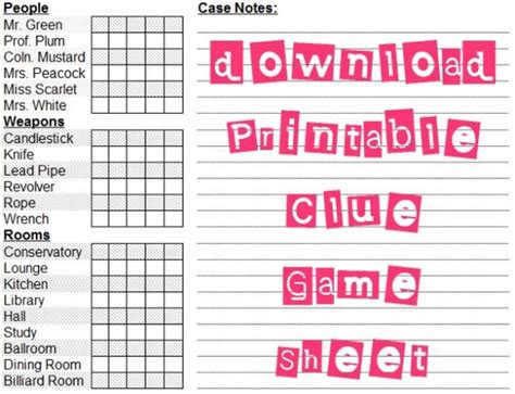printable clue game sheets clue pinterest jogos de pistas curvas