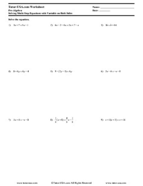worksheet solving multi step equations variable  sides pre
