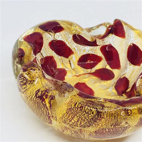 Murano Art Glass Bowl Gold Flake And Red Vintage Italy