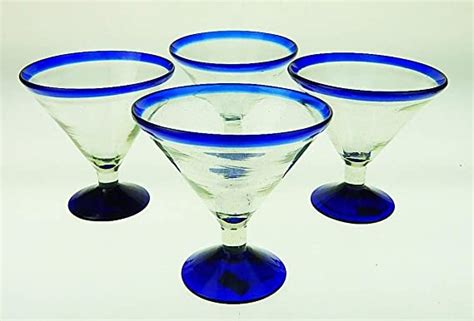 Mexican Glass Margarita Martini 15 Oz Blue Rim Set Of 4