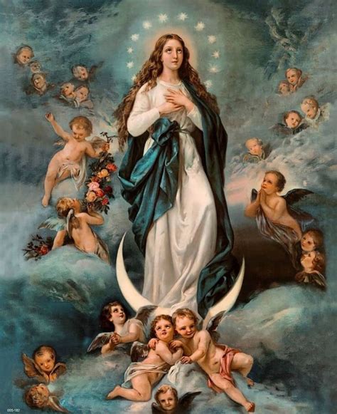 An Image Of The Immaculate Mother Mary With Angels Around Her And