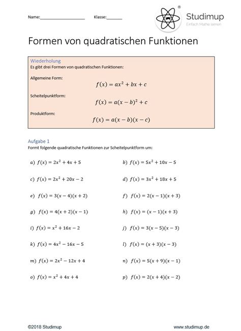 quadratische funktionen  standardformular arbeitsblatt