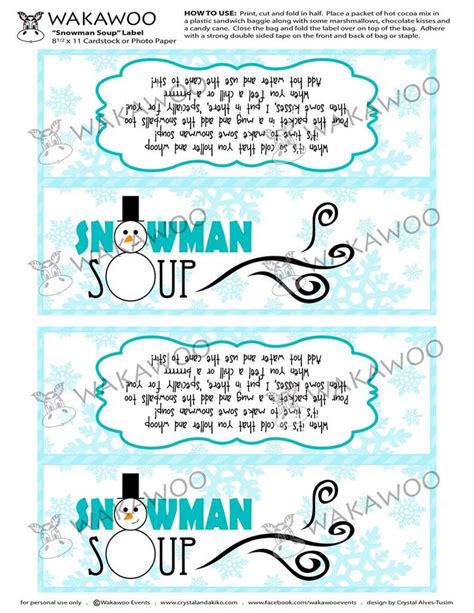 snowman soup labeltag printable  christmasholiday gift etsy