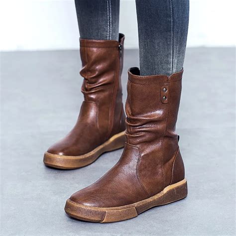cosidram women pu leather mid calf martin boots female roman style flat