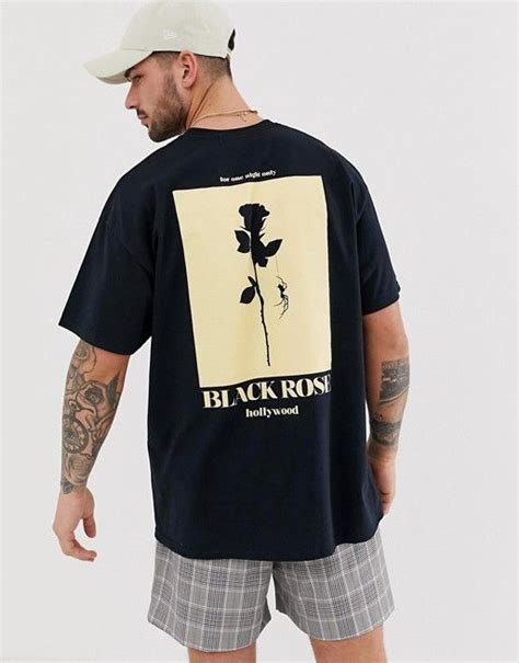 boohooman oversized t shirt with rose back print in black mens