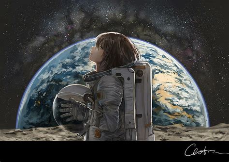 삽화 공상 과학 소설 우주 비행사 행성 지구 여자들 애니메이션 소녀들 팬 젠 Hd 배경 화면