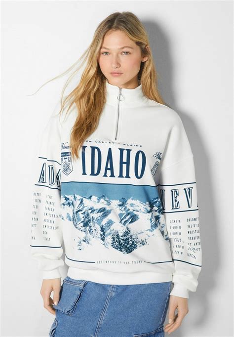 bershka high neck zip print sweatshirt white zalandode