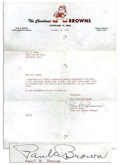 lot detail paul brown typed letter signed  cleveland browns