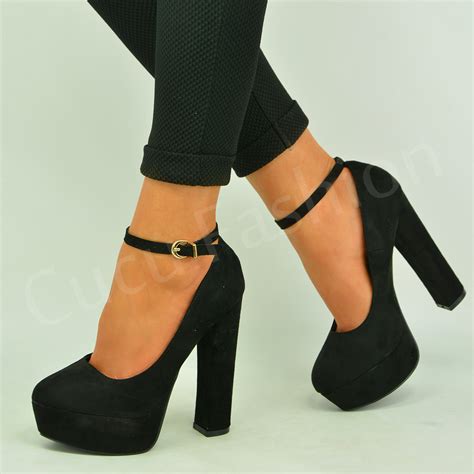 womens ladies block high heel pumps ankle strap sandals shoes size uk   ebay
