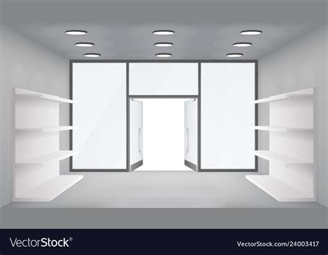 empty trade shelves store interior open doors  vector image
