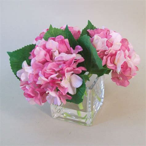 pink hydrangeas in cube vase artificial flower arrangement