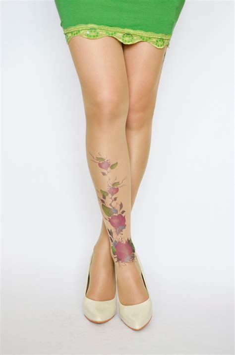 Delicate Tattoo Tights With Purple Flowers Printed Handmade Etsy