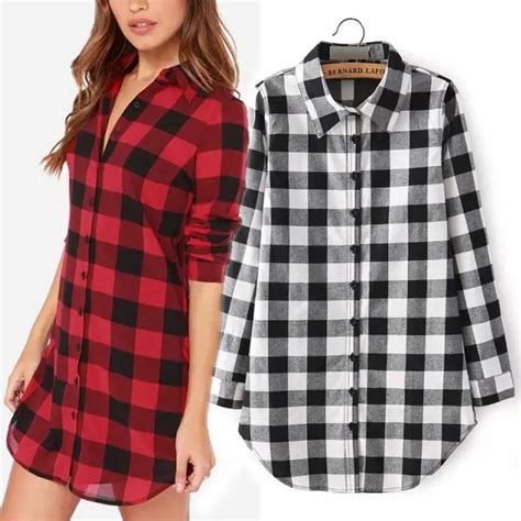 Women Plaid Oversized Top Blouse Ladies Single Breasted Long Sleeves